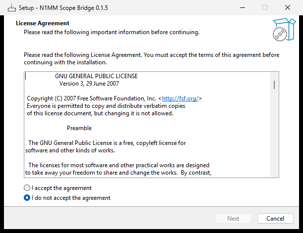 Setup wizard showing the GNU General Public License version 3 on the License Agreement page