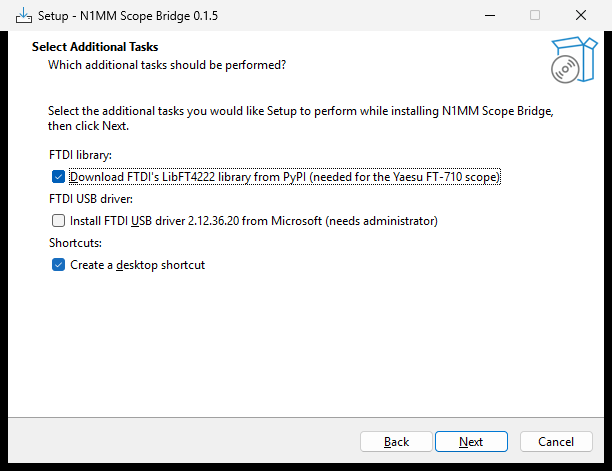 Setup wizard page with options to download FTDI's LibFT4222 library from PyPI and to add a desktop shortcut